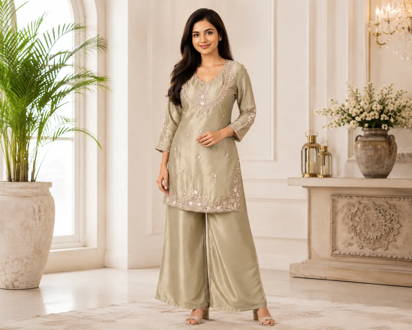 Fancy Tissue Fabric Inner Jacket Plazo Set-champagne gold