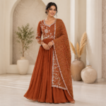 Premium Drape Style Chinon Gown - Rust Brown Embroidered