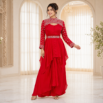 Pure Chinon Designer Asymmetrical Drape Set with Handwork Belt