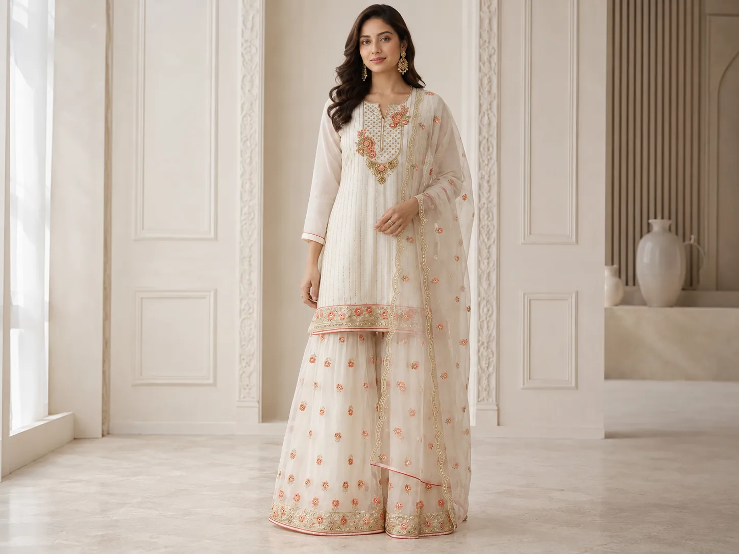 Elegant Off White Floral Embroidered Sharara Suit Set with Dupatta