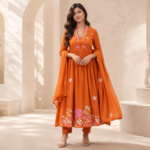 RG804 Premium Pure Cotton Heavy Embroidery Anarkali Kurti Pant Dupatta Set