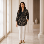 Black Beige Printed Crepe Muslin Designer Shirt