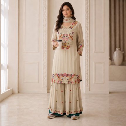 Beige Pure Chinon Kurta Garara Dupatta Set