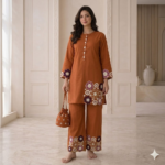 Rust Brown Pure Chinon Silk Handwork Sharara Co-Ord Set