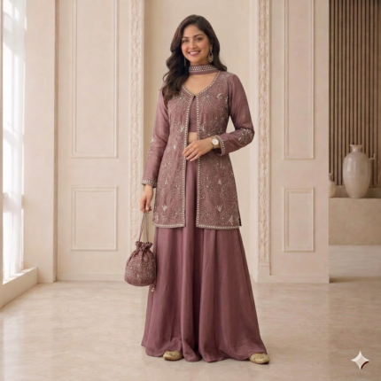 Onion Pink Pure Glazy Chinon Silk Jacket Gown Set