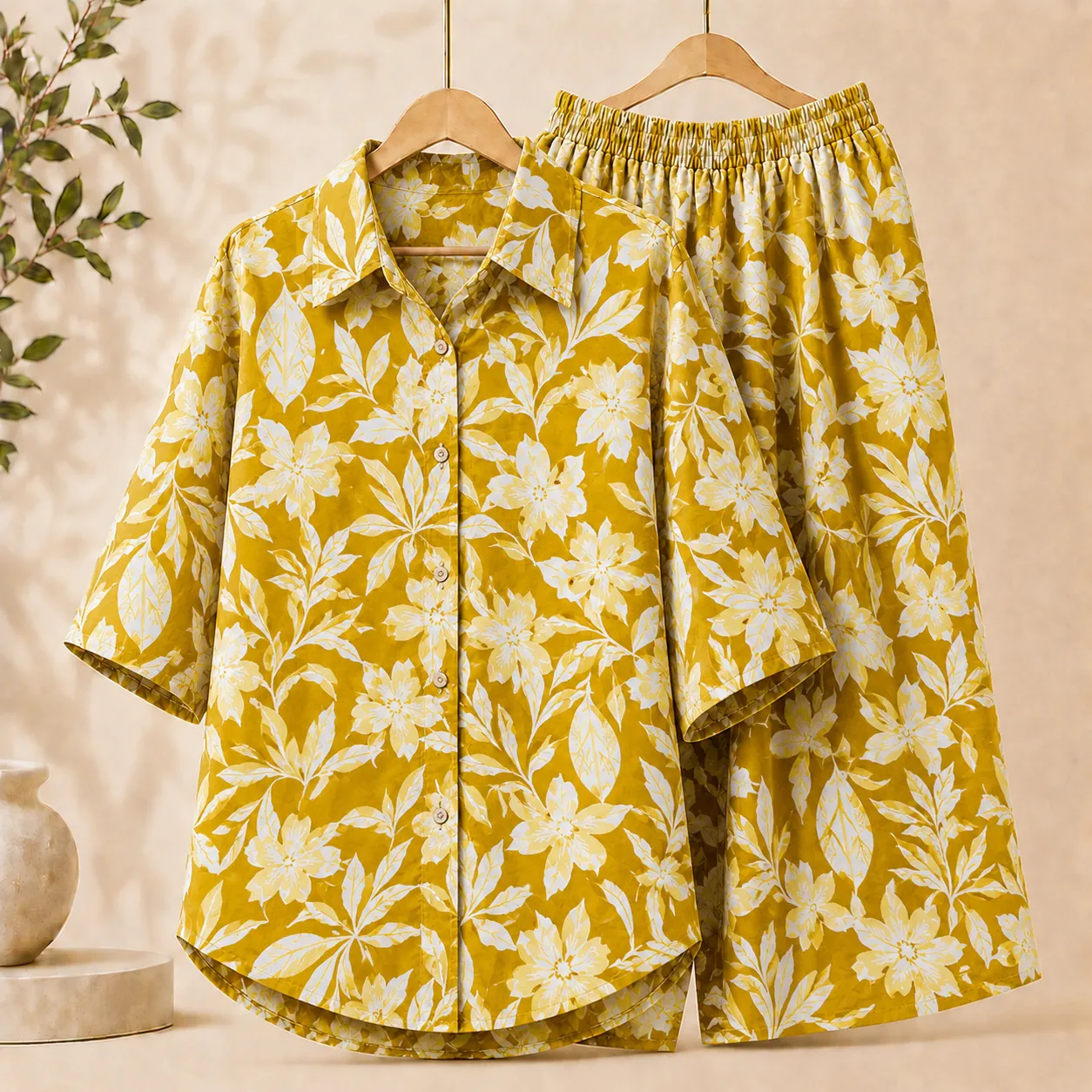Pure Cotton Floral Co-Ord Set - Mustard Yellow