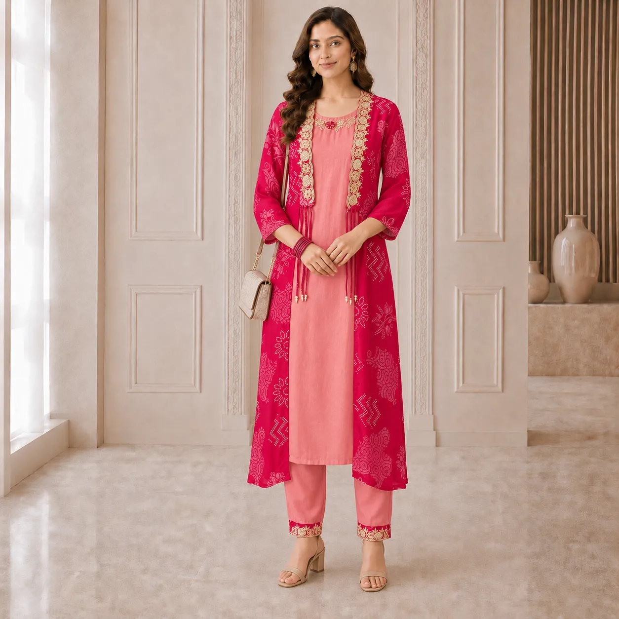 Pure Dola Silk Indo Western Long Jacket Pant Set