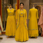Pure Soft Organza Skirt Blouse Long Jacket Set - Mustard Yellow