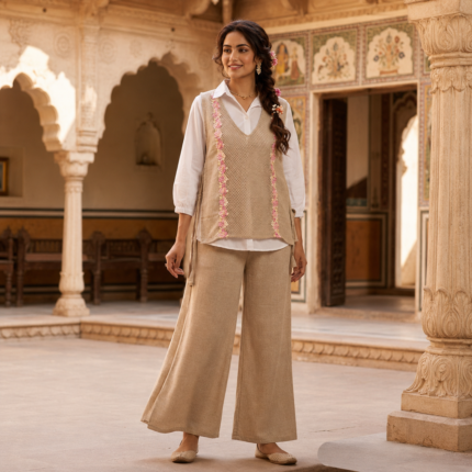 Jute Cotton Embroidery Work 3 Piece Co-Ord Set