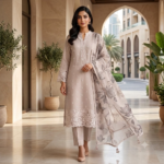 Mall Chanderi Embroidered Kurti Pant Dupatta Set
