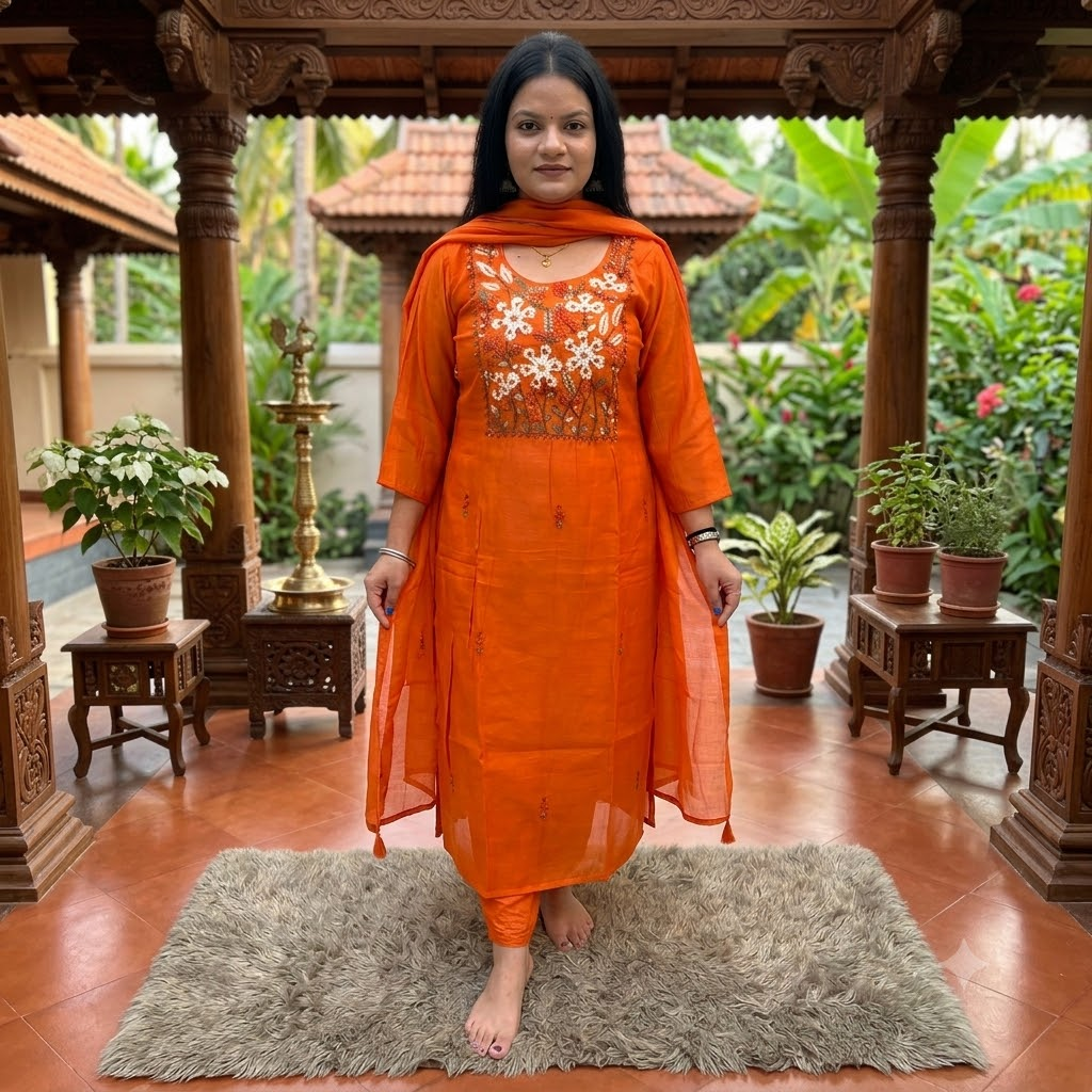 Silk Kurti Pant Set with Organza Dupatta and Thread Work
