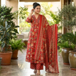 Rayon Hand Block Print A-Line Pant Set with Dupatta