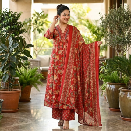 Rayon Hand Block Print A-Line Pant Set with Dupatta