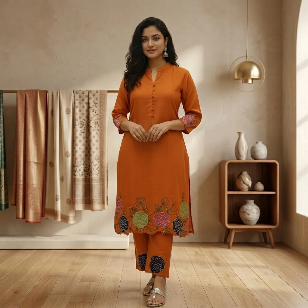 Muslin Embroidered Cord Set