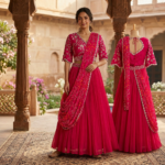 RR Designer Indo Western Dola Silk Drape Skirt Set - Rani Pink