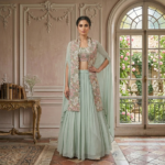 Heavy Handwork Silk Crop Top Skirt Set with Jacket