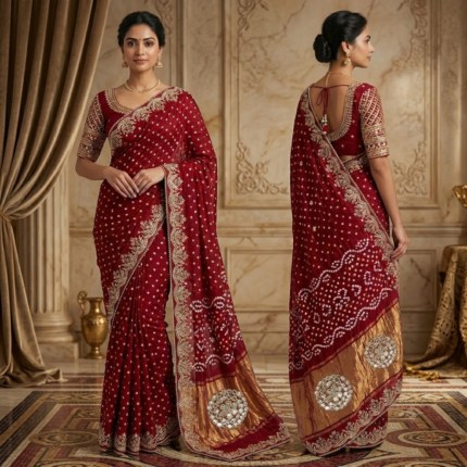 Pure Modal Bhandej Saree with Gotta Patti Zardozi & Pearl Work