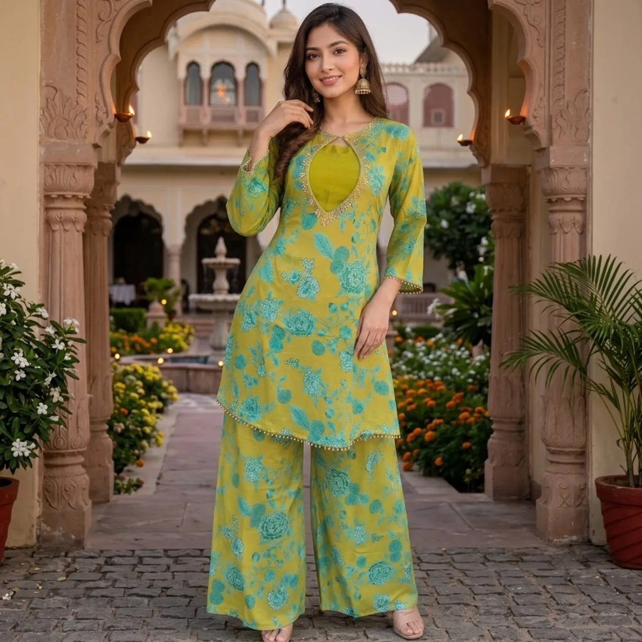 Premium Chinon Crop Top Kurti Palazzo Set
