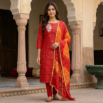 Art Silk Designer Kurti Set with Bandhani Dupatta