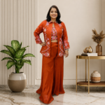 Pure Dola Silk Crop Top Palazzo Set with Embroidered Jacket