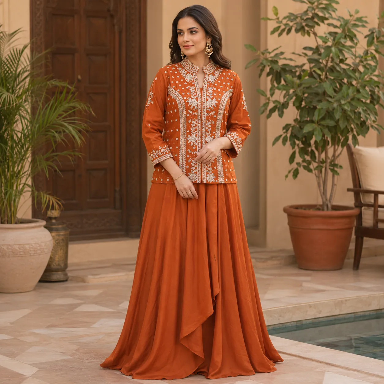 Pure Chinon Crop Top Indo-Western Drape Skirt Set