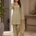 Fancy Fabric Divider Kurta Pant Dupatta Set