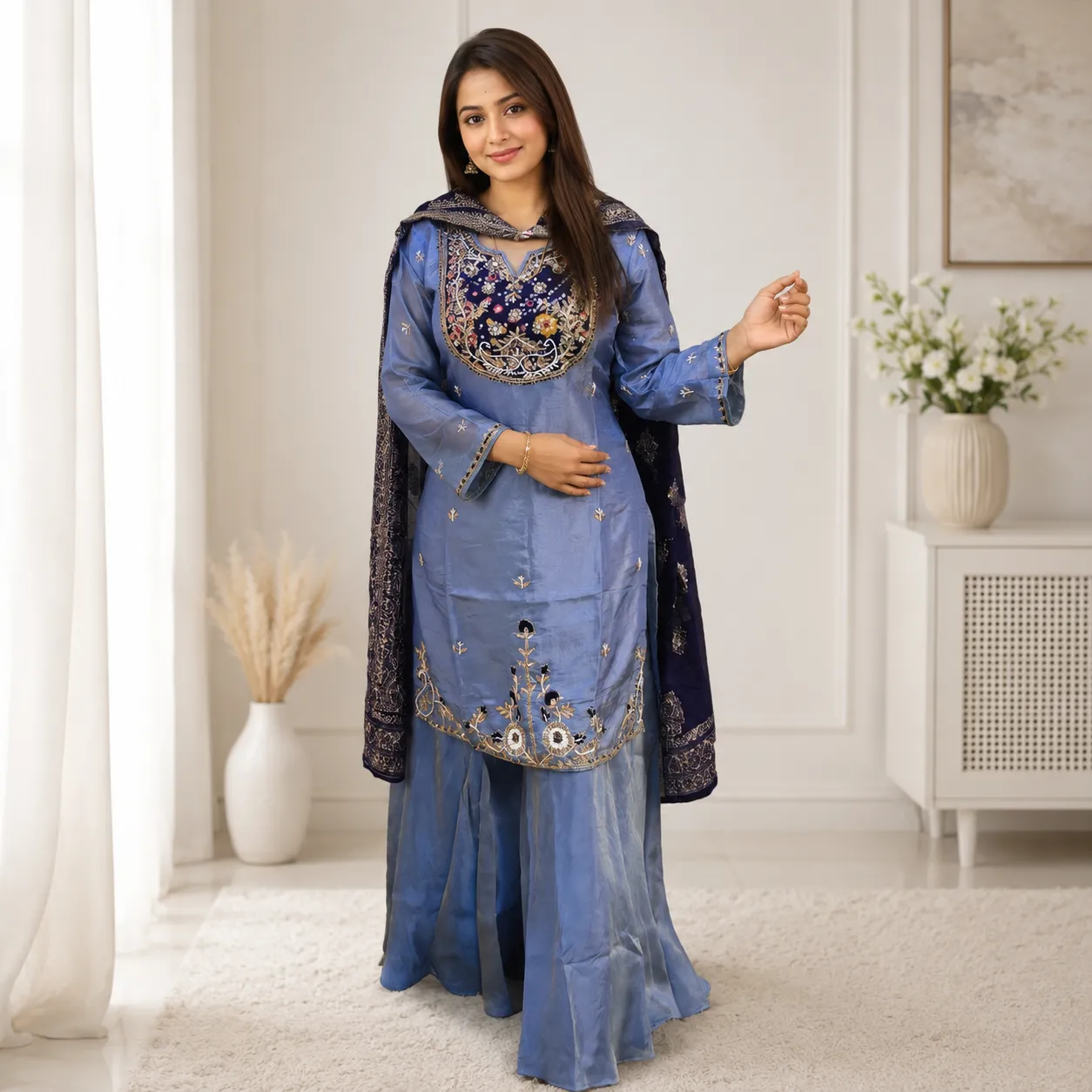 Pure Tissue Silk Boutique Style Kurti Plazzo Dupatta Set