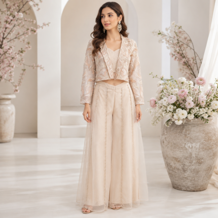 Premium Semi Viscose Fusion Plazo Set with Embroidered Jacket