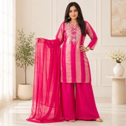 Tissue Handwork Kurti with Chinon Sharara & Chiffon Dupatta Set