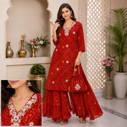 RK Special Bandhej Georgette Kurti Palazzo Set with Potli Bag