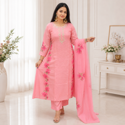 Premium Chinon Handwork Kurti Pant Dupatta Set