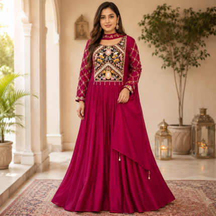 Designer Dola Silk Gown Set with Handworked Dupatta