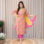 Pure Cotton Lehariya Kurti Pant Dupatta Set