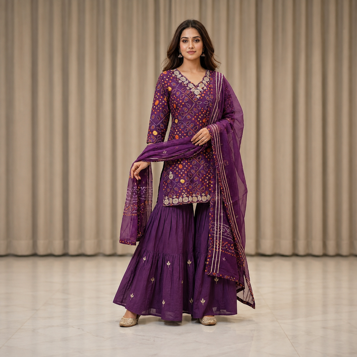 NF0617101 Silk Bandhani Sharara Set with Organza Dupatta - Image 1