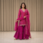 Silk Bandhani Sharara Set with Organza Dupatta - Image 4