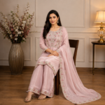 Baby Pink Chinon Silk Straight Kurti Palazzo Dupatta Set