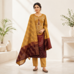 Premium Glez Cotton Bandhej Kurti Pant Dupatta Set