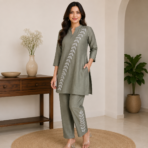 Pure Shimmer Tissue Silk Hand Embroidered Co ord Set - Image 2
