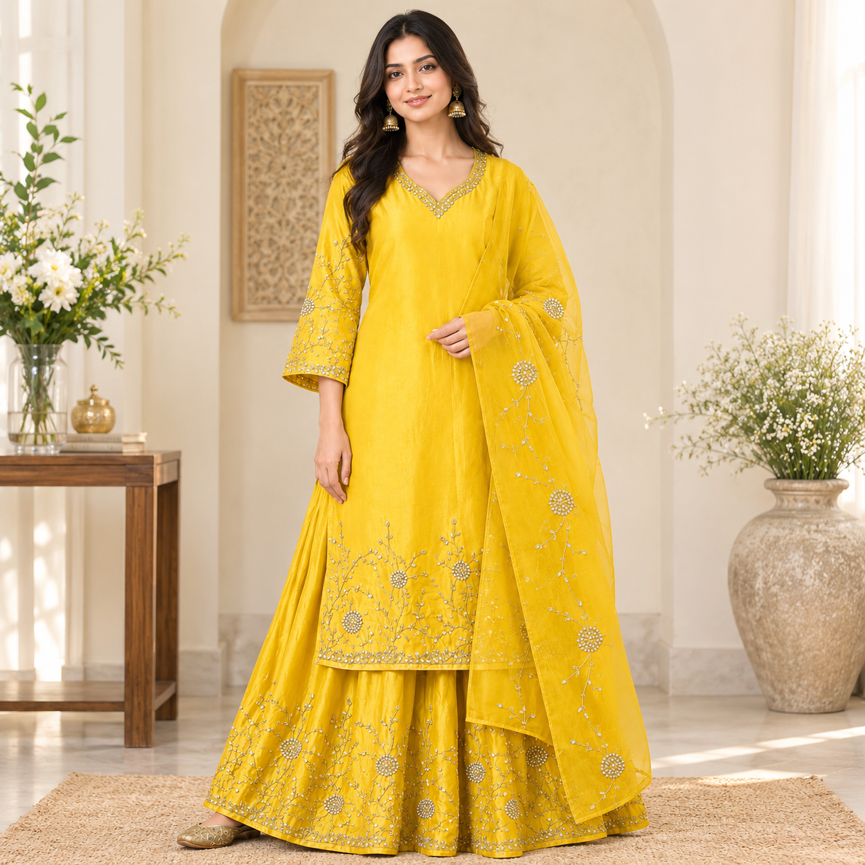 NF0626801 Premium Masleen Silk Kurti Skirt Dupatta Set - Image 1