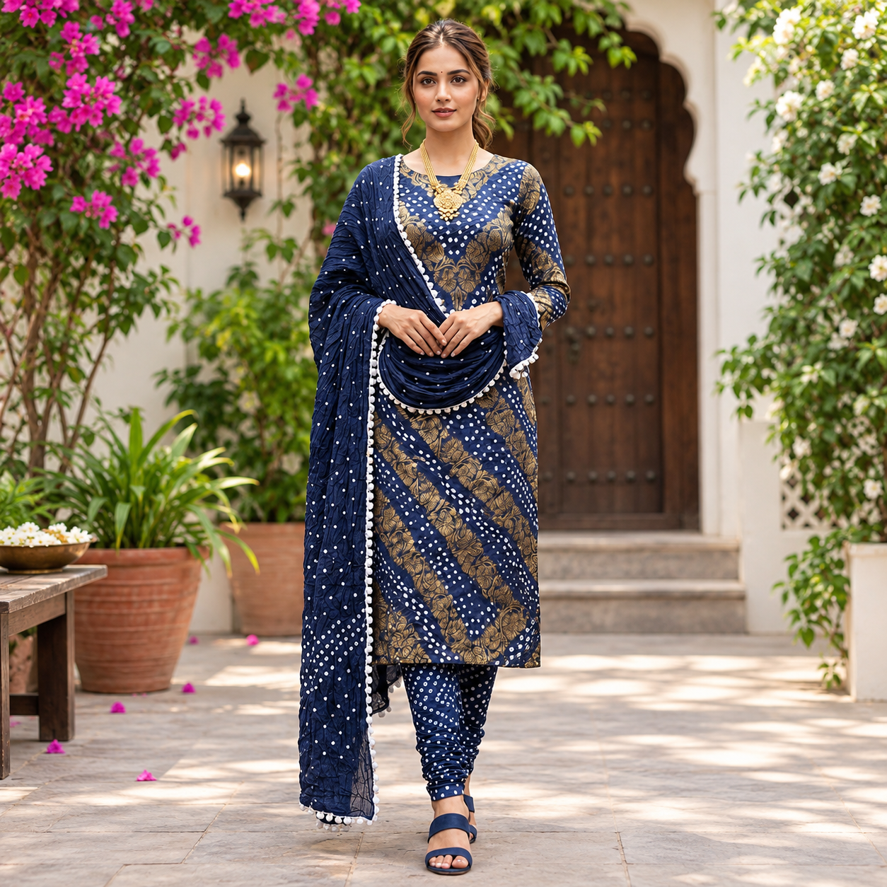 NF0627001 Premium Cotton Bandhej Kurti Pant Dupatta Set - Image 1
