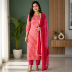 Premium Cotton Bandhej Kurti Pant Dupatta Set - Image 6