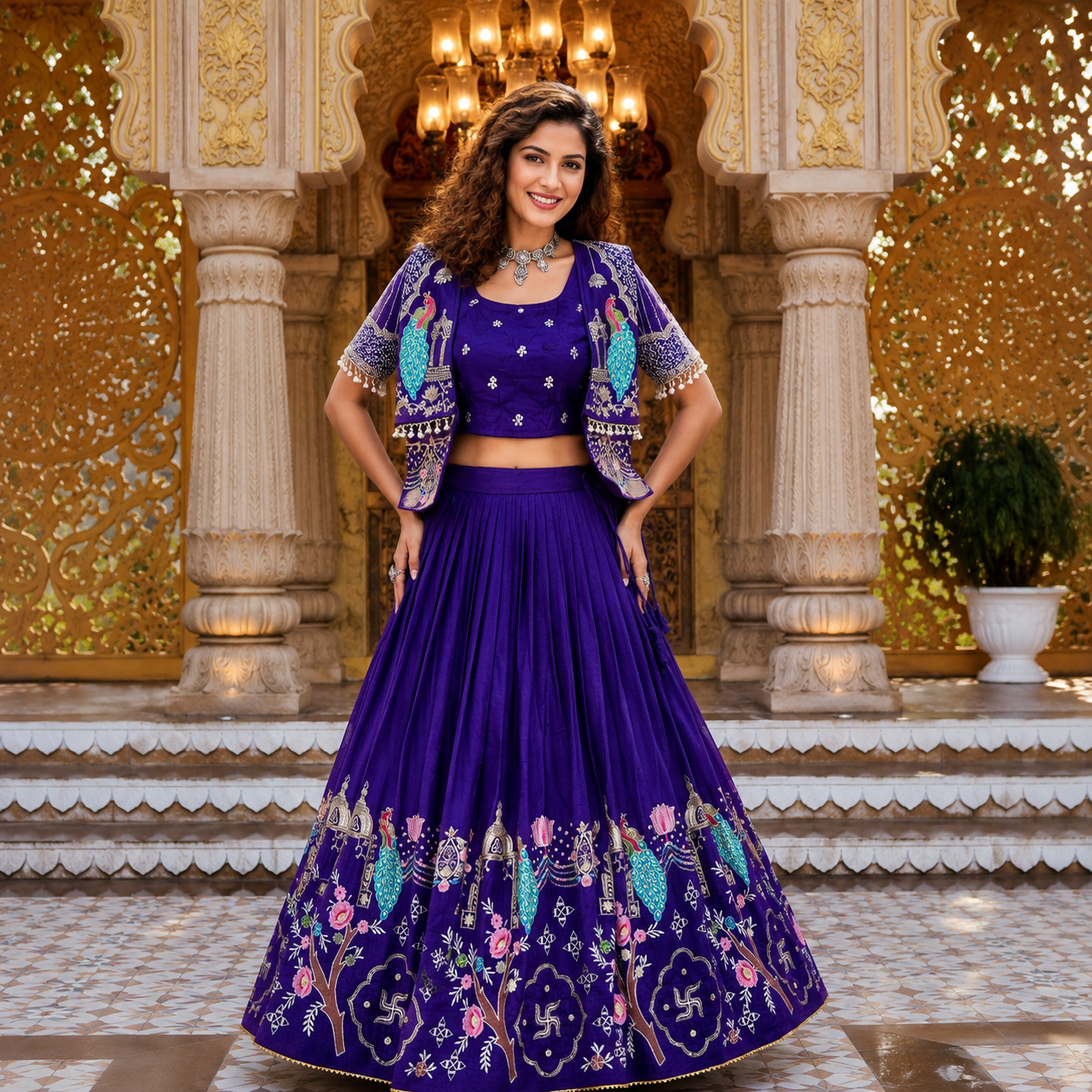 NF0628301-01 Premium Pure Vichitra Embroidered Lehenga Choli Koti Set - Image 1