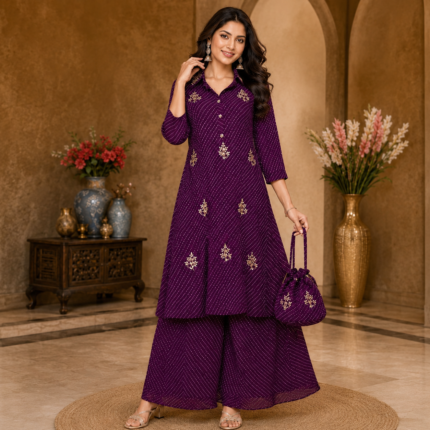 Premium Georgette Leheriya Kurti Palazzo Set with Potli Bag