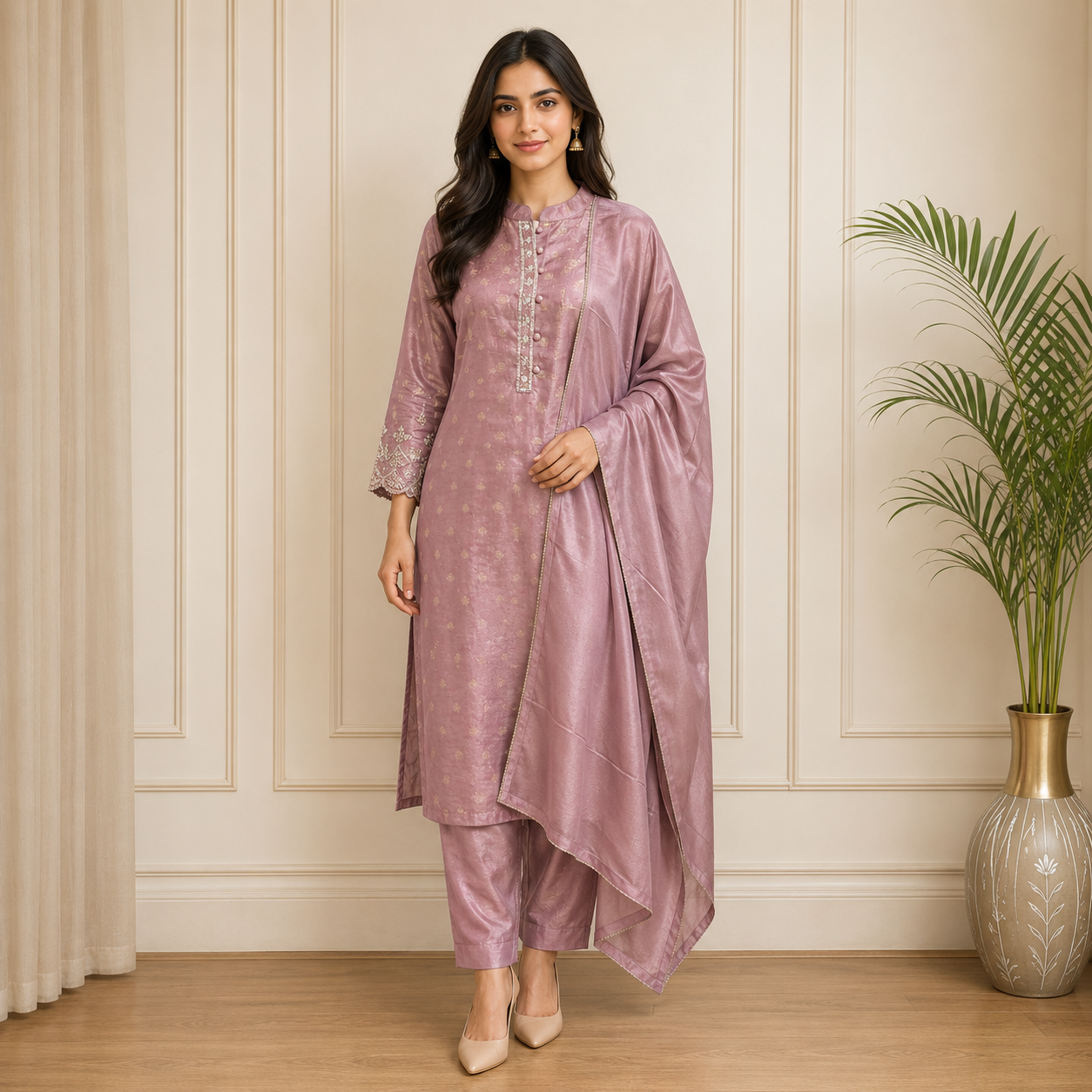 NF0632301 Pure Jacquard Kurti Pant Dupatta Set - Image 1