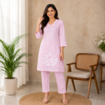 Pure Mal Chanderi Applique Kurti Pant Set