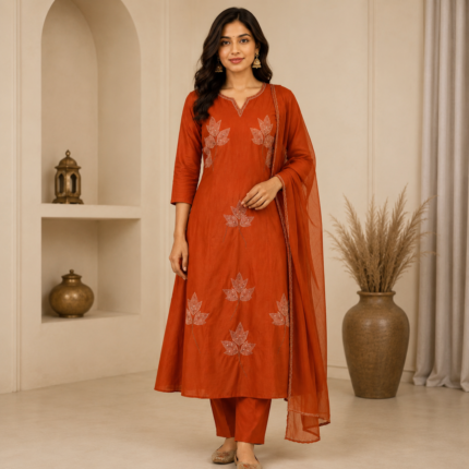 Pure Mul Chanderi Kurti Pant Dupatta Set