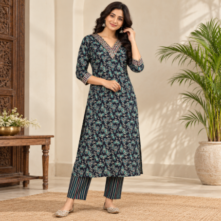 Vertical Silk Handwork Kurti Pant Set