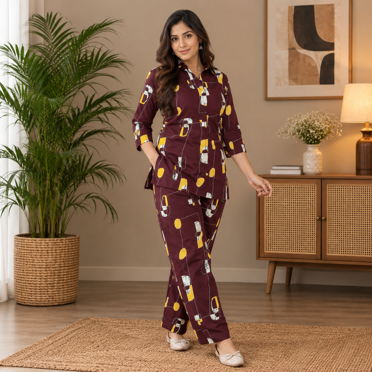 NF0641401 Cotton Co ord Set - Coffee Brown (Abstract Print) - Image 1