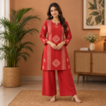 Cotton Suit Set - Red (Ethnic Embroidery Print)