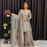 Premium Glitter Crush Tissue Mirror Handwork Sharara Suit Set